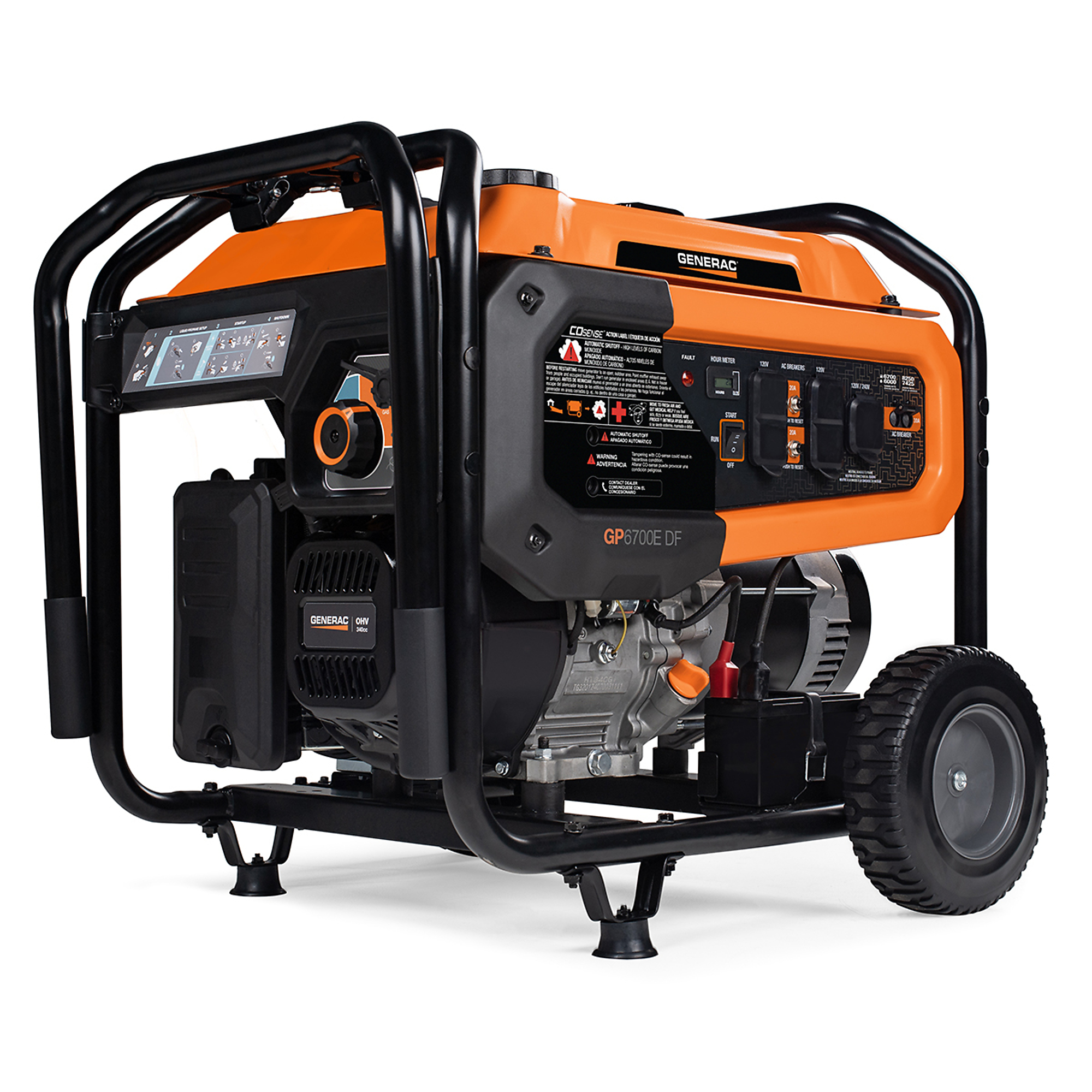 Generac 8062 GP6700DF 8250 / 6700 Watt Electric Start Dual Fuel Portable Generator w/ COSense, Wheel and Handle Kit Included, 49ST
